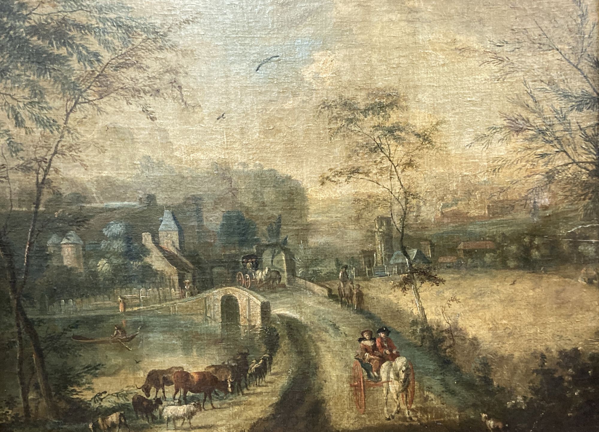 Early 19th century French School, oil, Landscape with figures, a horse and cart, cattle and chateau, 65 x 83cm
